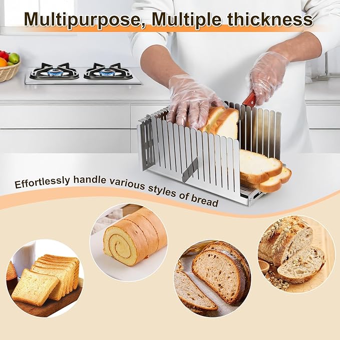 Stainless steel Bread Slicer for Homemade Bread,Adjustable Width,Foldable Compact,Bread Slicing Guide,Bread Loaf Slicer,for Cakes,Bagels,slice is 0.5",Bread width: 5.5"-8.3" (Satin Silver)