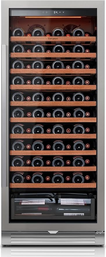 Ca'Lefort 90 Bottle Wine Fridge - 24 Inch 40-65°F Wine Cooler with Glass Door & Bottom Drawer, 10 Adjustable Shelves & 3 LED Lights, Energy Star Certified Built-in/Freestanding for Home/Bar/Kitchen