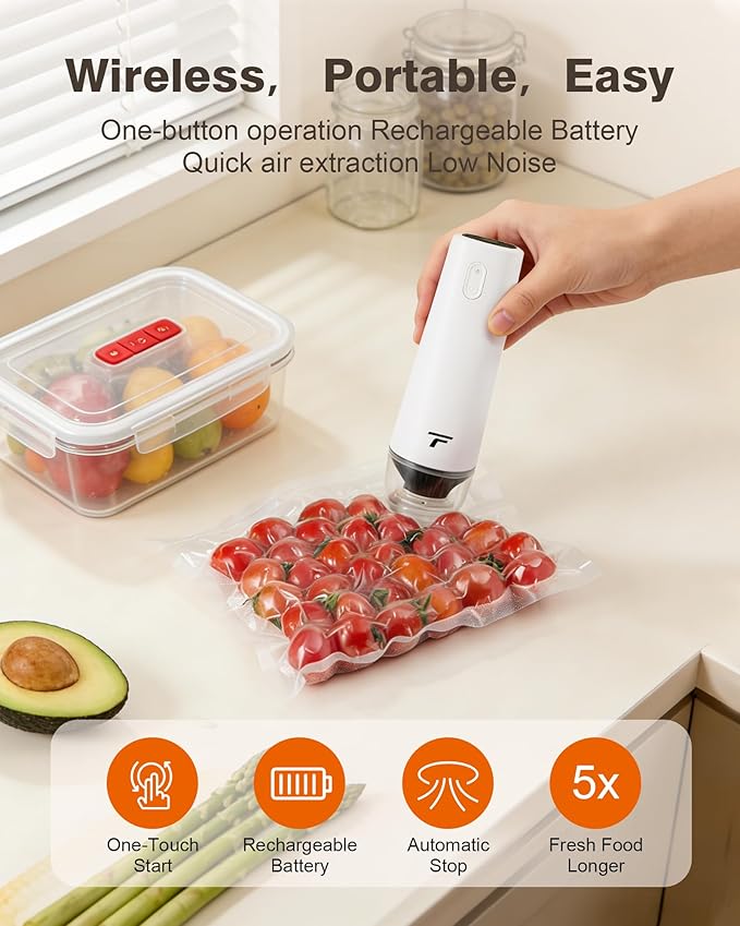 Vacuum sealer for food, Chef’s Design to Preserve Freshness, Compact Handheld Vacuum Sealer with 30 Reusable Bags, Professional-Grade for Food Storage Savers, Pebble