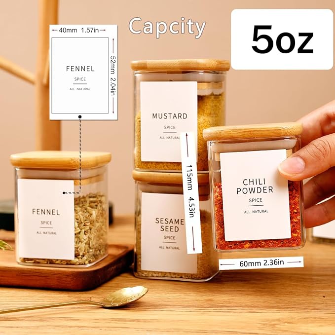HHMJSM 12 Pcs Square Glass Spice Jars with Natural Bamboo Lids - 5oz Airtight Herb Containers with 148 Waterproof Minimalist Spice Labels Preprinted - Empty Small Seasoning Jars for Kitchen Pantry