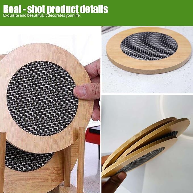 8 Pcs Wooden Trivets Hot Pads for Kitchen,5.7 Inch Trivets with Anti - Slip Mesh for Coffee Mat/Table Mats/Frying Pans/Hot Pot/Bowl/Teapot/(Round)