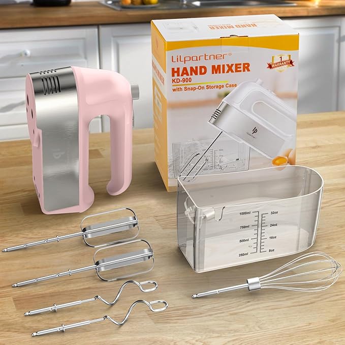 Hand Mixer Electric, 450W Kitchen Mixers with Scale Cup Storage Case, Turbo Boost/Self-Control Speed + 5 Speed + Eject Button + 5 Stainless Steel Accessories, For Easy Whipping Dough, Cream, Pink