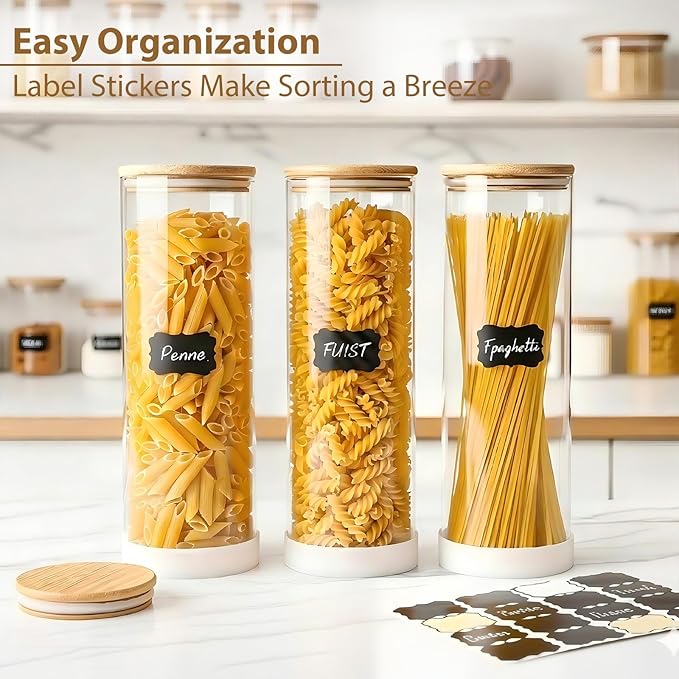 TBWIND 73oz Glass Spaghetti Pasta Containers for Pantry Organization, 3-Pack Large Airtight Food Jars with Bamboo Lids and Protective Silicone Base, Clear Storage Canisters for Flour, Cereal, Rice