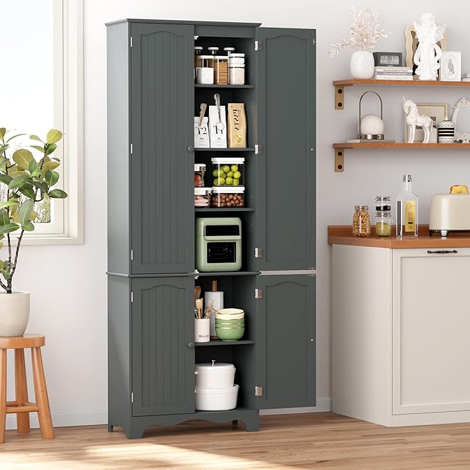 Yusong 72'' Tall Kitchen Pantry Cabinet, Freestanding Storage Cabinet with Doors and Shelves, Wooden Food Pantry Farmhouse Cupboard Buffet for Kitchen Dining Living Room, Gray