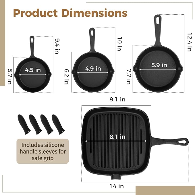 4 Pieces Cast Iron Skillet Set, Frying Pan and Grill Pan Set with Silicone Handle Covers, Non-Coated Cookware Kit for Stove Oven, Grill, Heavy Duty Kitchen Pans