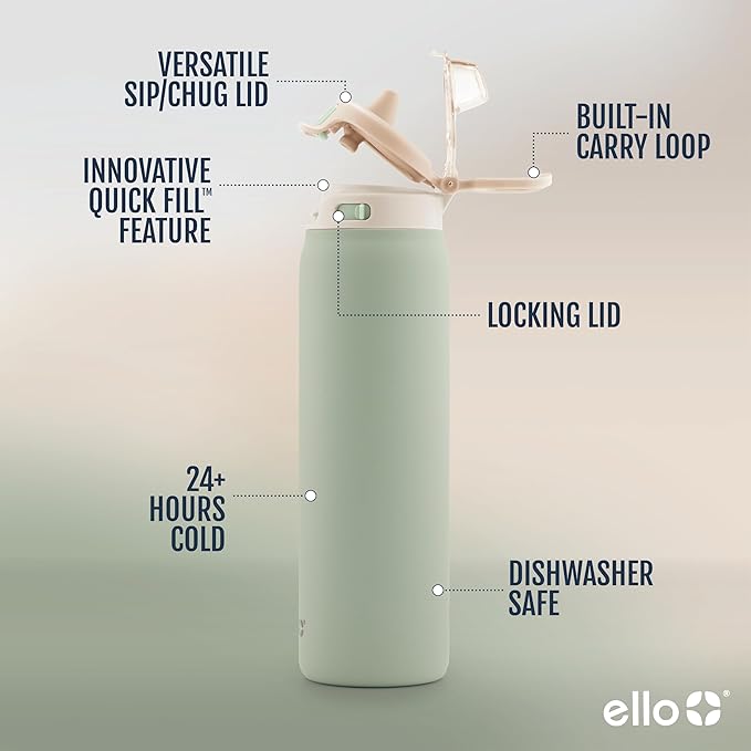 Ello Pop & Fill 22oz Stainless Steel Water Bottle with Quick Fill Technology, Double Walled and Vacuum Insulated Metal, Leak Proof Locking Lid, Sip and Chug, Reusable, BPA Free, Pistachio
