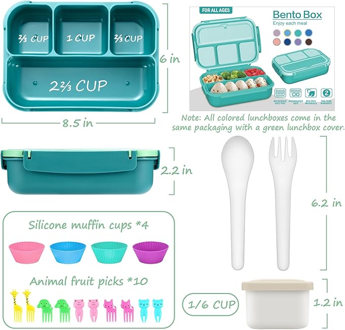 QQKO Bento Box for Kids Adults, School Toddler Lunch Box for Boys Girls, Lunch Box Containers with 4 Compartments, Sauce Container, Utensils, Food Picks and Muffin Cups for School, Green