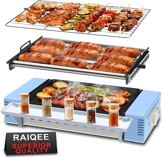 3-in-1 Electric Grill with Hot Dog Roller, Portable Indoor Outdoor BBQ Grill, Griddle and Sausage Roller Machine with Removable Non-Stick Plate & Drip Tray, for Tailgate, Camping, RV, Home Kitchen
