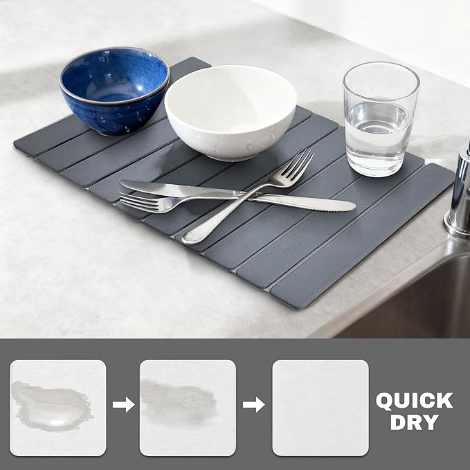 Large Stone Dish Drying Mats for Kitchen Counter , Quick Dry Absorbent Collapsible Dish Drying Mat With Rubber Sole, 23.4”(L)x15.4”(W) Diatomaceous Earth Mats for Dishes Bottles Cups