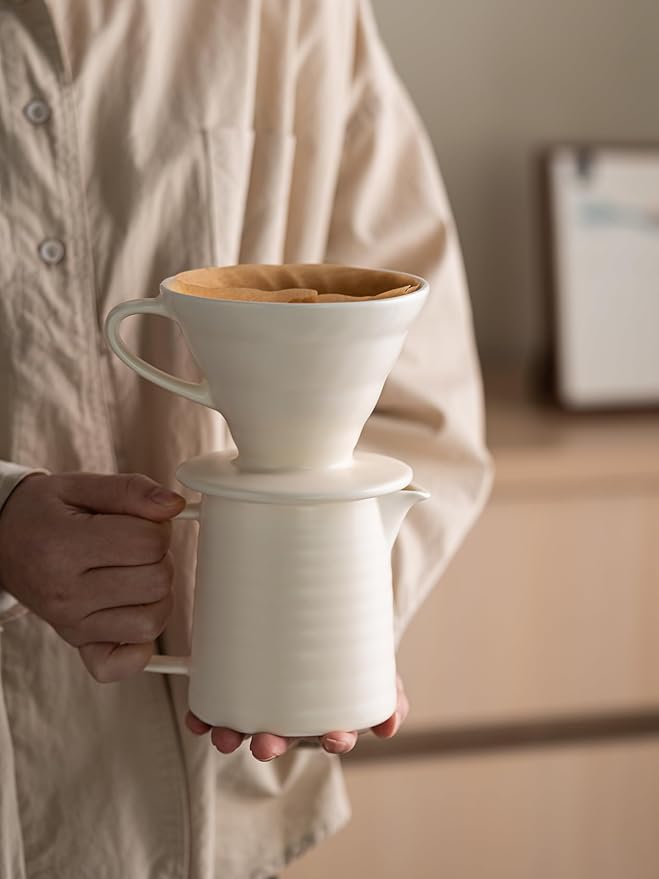 Pour Over Coffee Maker,Ceramic Coffee Maker With 40 pcs Paper Filter，15oz/450ml Pour Over Coffee Dripper (White, V02)