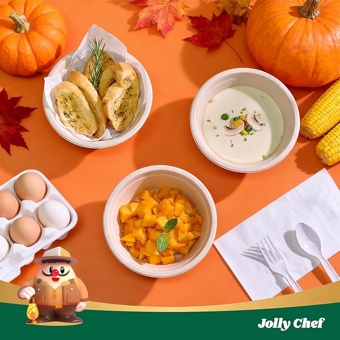 JOLLY CHEF Compostable Disposable Paper Bowl [16 oz] Heavy Duty Soup Containers [150 Pack] Biodegradable Bagasse Hot Cold Eco-Friendly Natural Sugarcane Microwavable Bowls for Thanksgiving Day