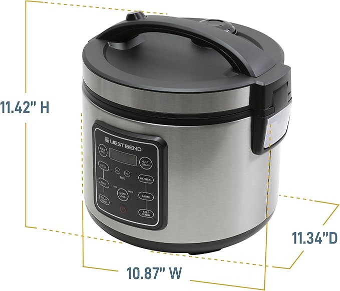 West Bend Rice & Grain Multi Cooker Programmable with 9 Preset Functions, Features Delay Start and Keep Warm Functions and Steam Basket, 20 Cups Cooked (10 cups uncooked), Stainless Steel