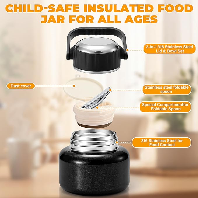16.9oz Soup Thermo for Hot Food Kids & Adults, 316 Stainless Steel Insulated Food Jar with Non-Slip Base, Leakproof Lunch Box with Spoon & Bowl Lid for School, Office