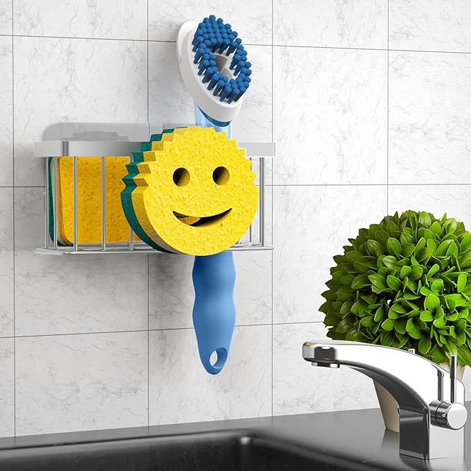 Sponge Holder Smiley Face,Sink Caddy,Kitchen Organizer with 2 Suction Cups/1 Adhesive Strips,Designed for Sponge,Soap,Dish Brush,Scrubber - Gray