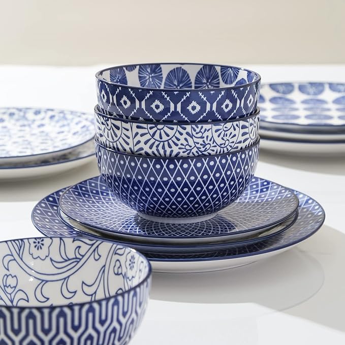 Selamica Ceramic Dinnerware Sets for 6, 24 Piece Plates and Bowls Sets, Scratch Resistant Dishes Set-Dishwasher & Microwave & Oven Safe, Vintage Blue
