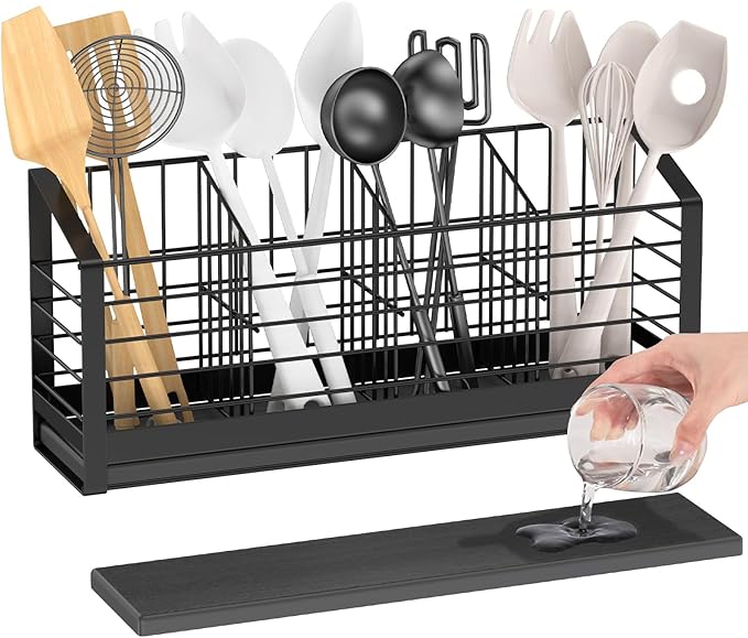 Extra Large Utensil Holder for Kitchen Counter, Kitchen Cooking Utensil Holder Organizer Kitchen Utensil Racks with Drying Base Cooking Tools Storage for Countertop Sink Cutlery Holder, 4 Compartments
