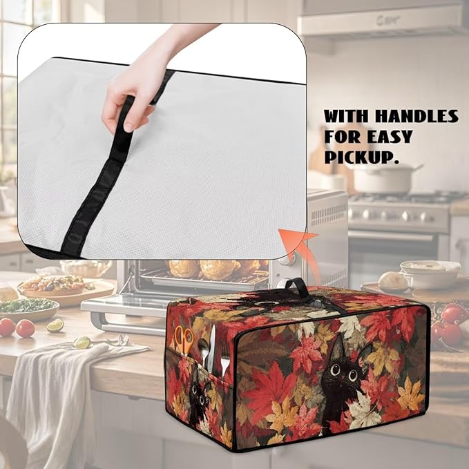 Air Fryer Toaster Oven Dust Cover Dust Protection Countertop Convection Oven Cover Stain-resistant Kitchen Appliance Protector, S, Black Cat Maple Leaf Fall Decor