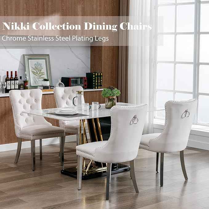 Velvet Dining Chairs Set of 6, Upholstered Dining Room Chairs with Back Ring Pull Trim and Sliver Stainless Steel Legs,Modern Kitchen Chairs Perfect for Dining Room,Living Room,Kitchen(Beige)