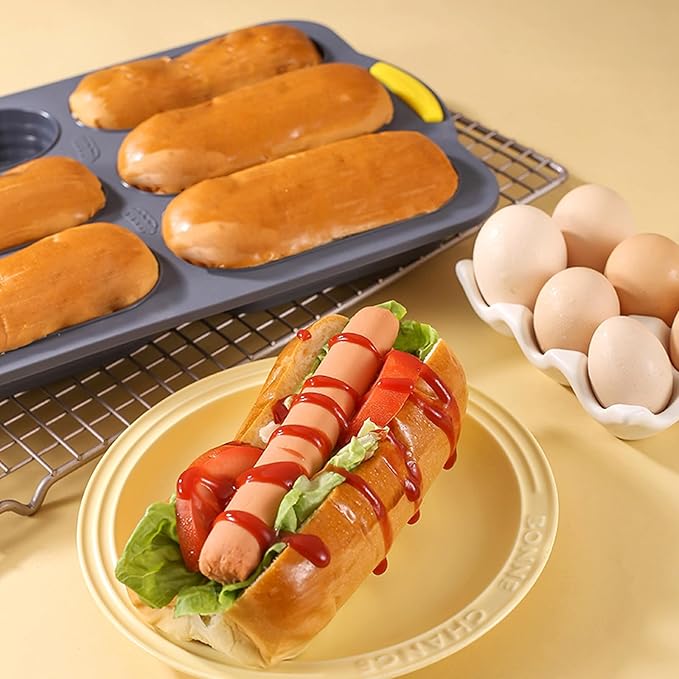 6-cavity Silicone Bread Loaf Pan, Nonstick Sourdough Loaf Pan & Heat Resistant Baguette Bread Pan, Bread Pans for Homemade Bread, Silicone Molds for Baking Hoagie Rolls, Hot Dog Bun