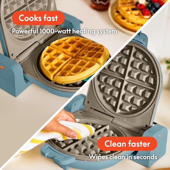 bella Flip-n-Store Waffle Maker,EverGood™ Ceramic Nonstick Coating,Fits-anywhere™ Kitchenware,Power Indicator Light & Touch Handle,7” Wide & 1" Deep Plates,1000 Watt,Surf,(Pack of 2)