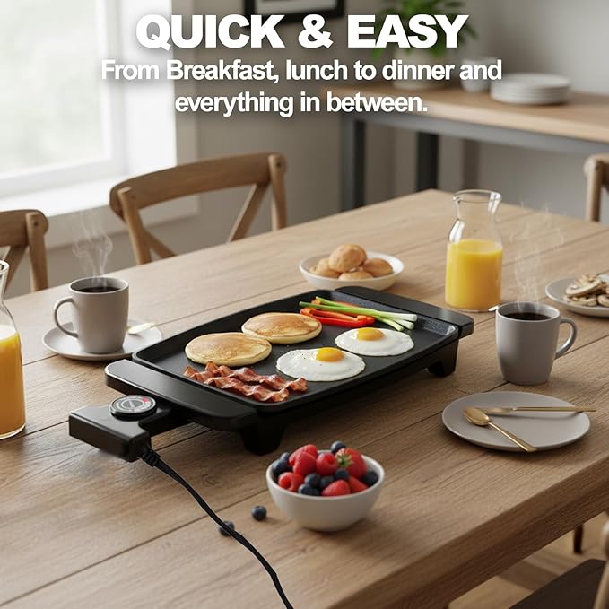 Small Electric Griddle, 10 Inch Mini Ceramic Non-Stick Electric Skillet with Adjustable Thermostat, 1200W Single Serve Grill for Breakfast, Cooking for Pancakes, Eggs, Sausage