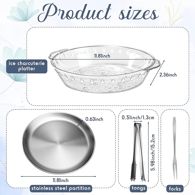 Baderke 6 Sets 11.8" Chilled Serving Tray for Parties Round Iced Platter with Ice Underneath Stainless Steel Clip Fruit Fork Shrimp Cocktail Serving Dish for Oysters Crawfish Fruits (Original)