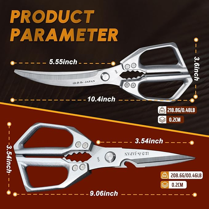 HUUSK Kitchen Scissors Set Silver - Stainless Steel Kitchen Shear, Sharp Meat Scissors Dishwasher Safe, Heavy Duty Poultry Shears, Japanese Cooking Scissor for Food, Christmas Gifts for Men Women