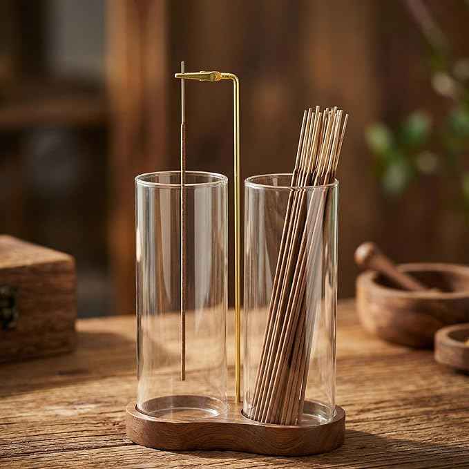 Incense Holder, 2 in 1 Wooden Incense Holder for Sticks with 20 Incense Sticks, Anti-ash Incense Burner with Glass Ash Catcher (2 Glass Ellipse Base)