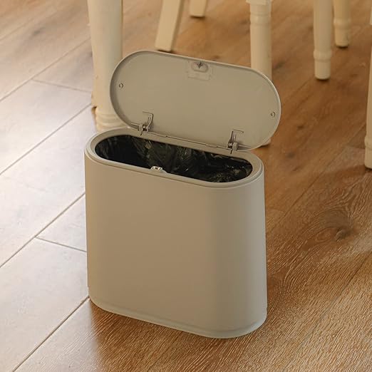 Sooyee 10 Liter Rectangular Slim Plastic Trash Can Wastebasket with Press Type Lid, 2.4 Gallon Garbage Container Bin for Bathroom, Powder Room, Bedroom, Kitchen, Craft Room, Office, Gray