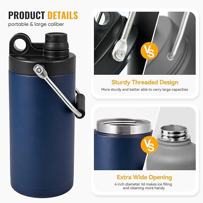 Kerilyn Insulated Half Gallon Jug with Handle, 64oz Stainless Steel, Large Double Vacuum Water Bottle for Hot & Cold Drinks, Wide Mouth, Sweat Proof, Great for Travel, Camping, Dark Blue