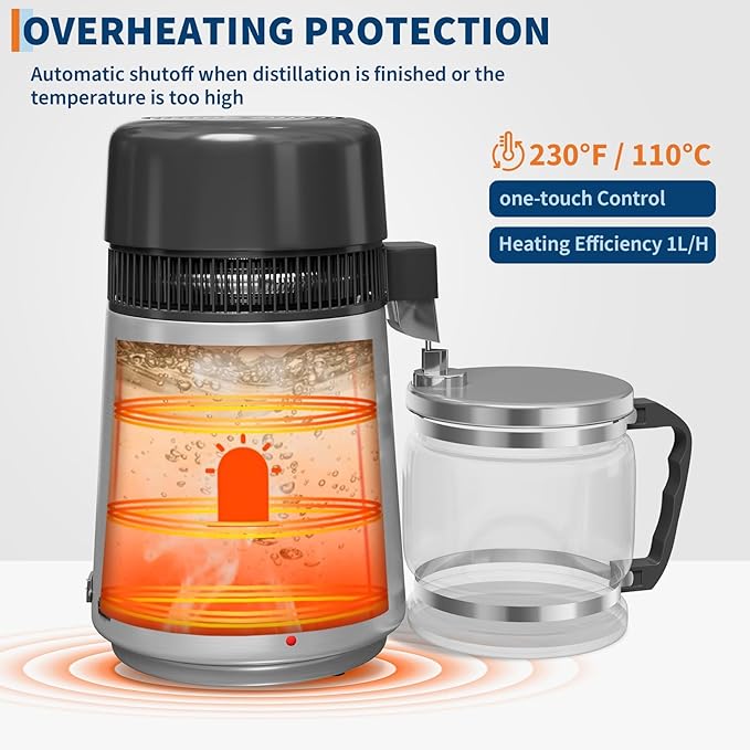 GarveeHome Water Distillers for Home Countertop, 1 gal/4 L Stainless Steel Distilled Water Machine with Glass Container, 750W Desktop Drinking Purifier Filter Distilling Kit, Silver