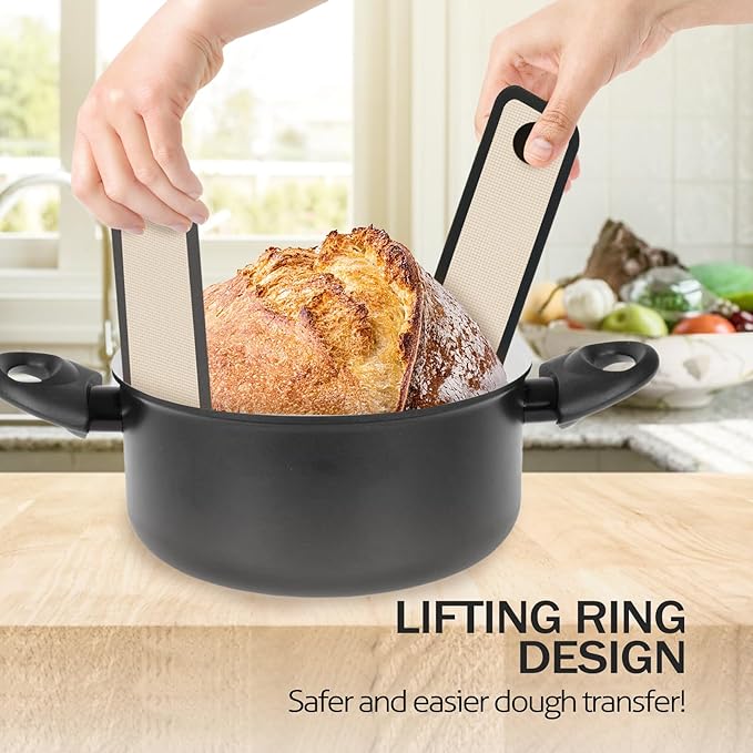 Silicone Bread Sling for Dutch Oven, 2 PCS Non-Stick & Easy Clean Reusable Silicone Bread Baking Mat with Long Handles, Easy to Transfer Sourdough Bread (Oval and Round, Black)