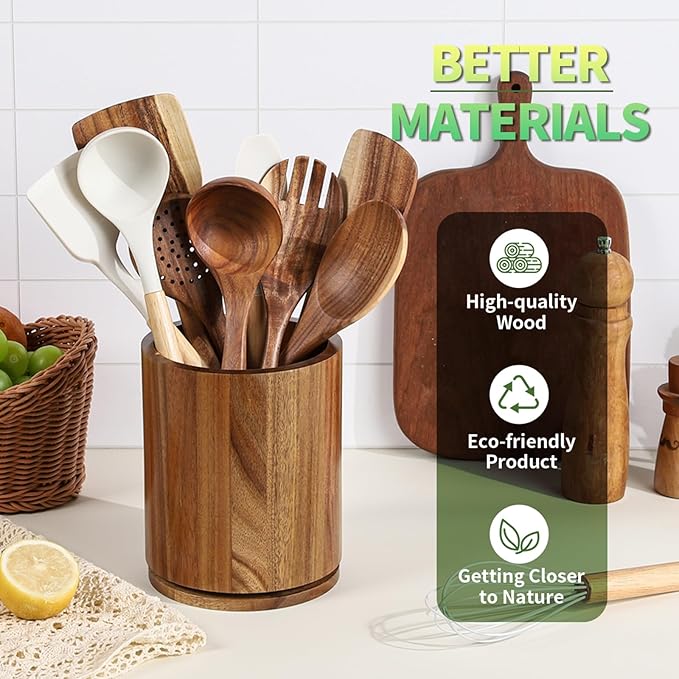 Wooden Utensil Holder, 360°Rotating 7.3'' Large Utensil Holder for Kitchen Counter, Kitchen Utensil Organizer, Utensil Crock, Farmhouse Kitchens Countertop Decor, Acacia Wood