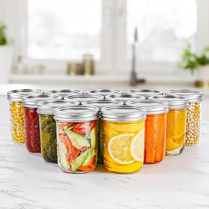 Miuyhji Mason Jars 16 oz with Lids, 12Pcs Wide Mouth Glass Canning Jars with Airtight Lids and Bands, Overnight Oats Containers for Pickling, Freezing, Preserving, Meal Prep, Jar Décor