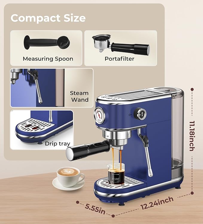 atatix 20 Bar Espresso Machine with Milk Frother, Compact Espresso Maker, Stainless Steel Coffee Machine with Precise Temp Control & 44oz Removable Water Tank for Latte, Cappuccino, Dark Blue