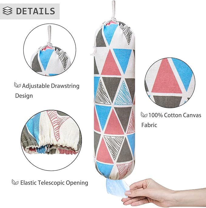 Plastic Bag Holder, Wall Mount Plastic Bag Organizer, Shopping Bags Carrier, Washable Large Grocery Bag Storage Dispenser for Home Kitchen Travelling, Free Adjustment with Drawstring (pink triangle)