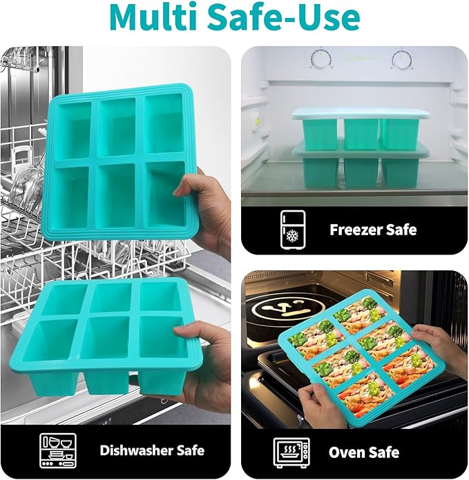 1 Cup Silicone Freezer Trays with Lid, 4 Pcs Ice Cube Freezer Molds, Silicone Ice Cube Tray, Easy Meal Prep, Silicone Mold for Soup and Food Storage(Aqua 4 Pack)