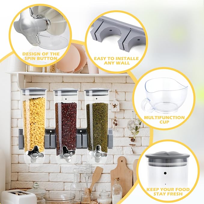 Triple Food Dispenser - 3 Set Easy To Use Dry Food Dispenser for Candy, Nuts, Rice, Granola, Cereal - Dispensing 1 Oz Per Twist And Preserving Freshness For Fun, Easy Serving.5.4 L (Each Set)(Gray)