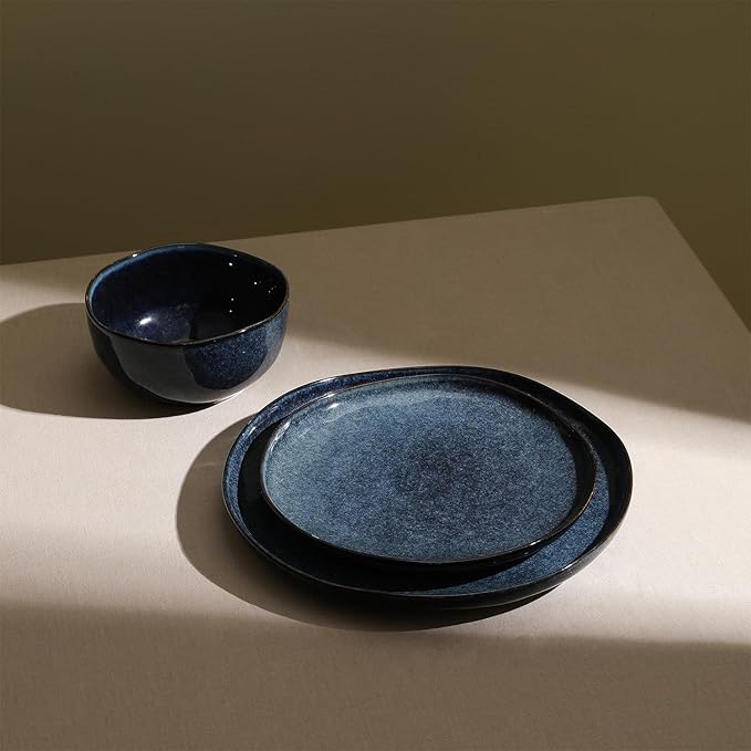 Stone Lain Mirella 24-Piece Stoneware Dinnerware Set, Service for 8 – Reactive Glaze, Deep Blue – Includes Dinner Plates, Salad Plates, and Bowls – Modern Organic Design