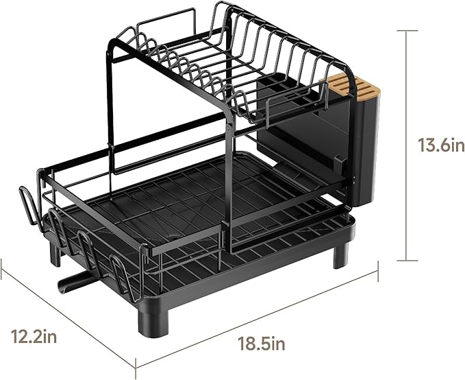 Runnatal 2-Tier Dish Drying Rack, Large Dish Rack with Drainboard Set, Detachable 4-in-1 Large Capacity Dish Drainer Over The Sink Anti-Rust for Kitchen Counter, Black