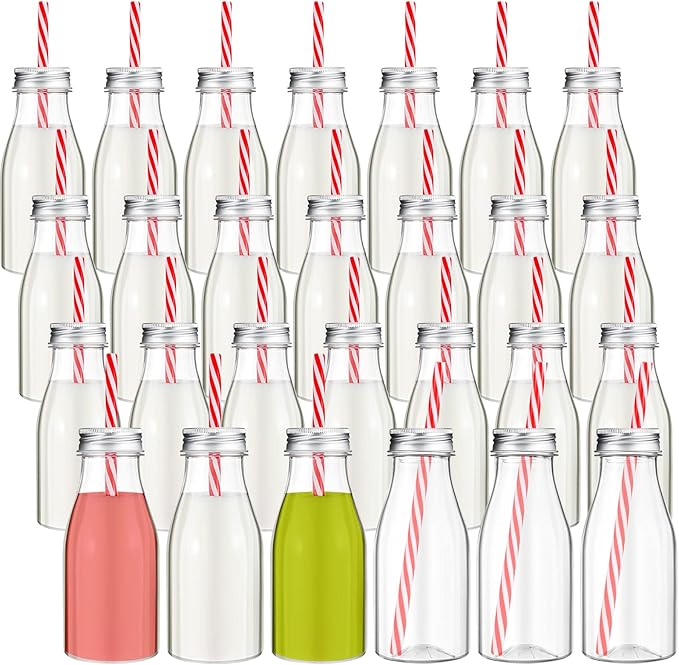 Irenare 40 Sets Plastic Small Milk Bottles with Straws and Metal Lids Clear Plastic Bottle for Dairy Milk Party Bottle for Milk Juices Shakes Smoothies, 40 Bottles and 40 Straws (Silver,8 oz)