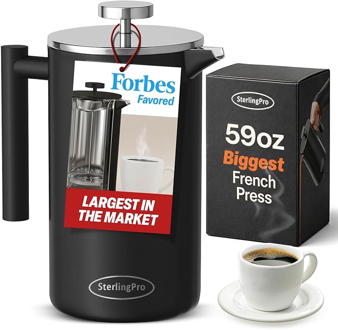 SterlingPro Stainless Steel French Press Coffee Maker 1.75 L (59 oz) Black – Double Walled Insulated Extra Large French Press, Durable Design Keeps Drinks Hot, Easy to Use and Clean for Rich Flavor