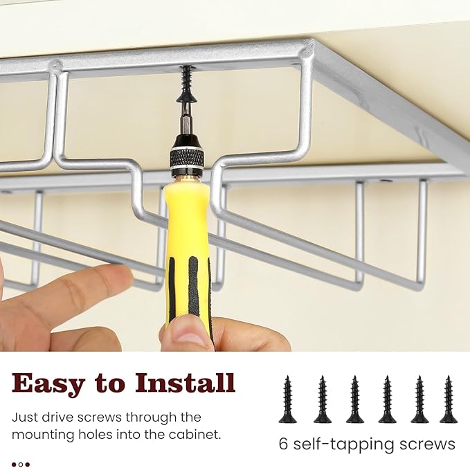 Nuovoware Wine Glass Rack, [2-Pack] Wine Glass Hanger Rack Under Cabinet Stemware Holder Storage Hanger for Bar Kitchen Cabinet (4 Rows), Silver