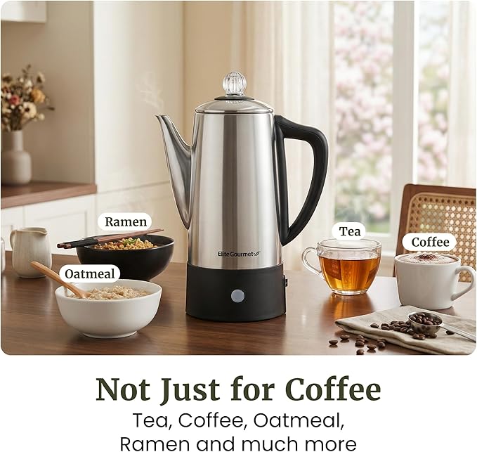 Elite Gourmet 6-Cup Electric Coffee Percolator – Stainless Steel, Fast Brewing, Keep Warm with Auto Shut-Off, Clear Brew Progress Knob, Cordless Serving Base, Reusable Filter, 1000W