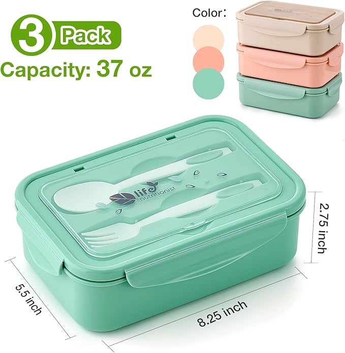 Mfacoy 3 Pack Bento Boxes for Adults/Kids, 1100 ML Bento Lunch Box With Spoon & Fork, Lunch Box Containers, Bento Box for Dining Out, Work, Picnic, BPA-Free, Microwave & Dishwasher Safe