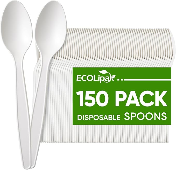 ECOLipak 150 Pcs White Disposable Spoons, 6.7 Inch Large Size Heavy Duty No Plastic Spoons for Party, BBQ, Picnic