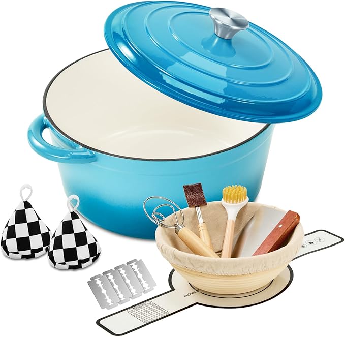 Enameled Cast Iron Dutch Oven with Lid -6.5 QT, incl. Sourdough Bread-Baking Supplies like Banneton Proofing Basket, Heavy Duty Cookware Bread-Oven for Baking, Stews, and Roasting, Sea blue