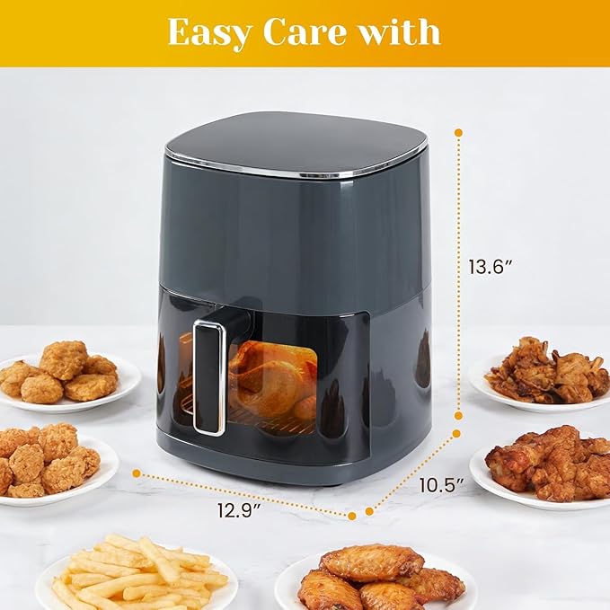 6-Quart Square Air Fryer with Viewing Window – 12-in-1 Multi-Function Appliance for Frying, Roasting, Baking, Steaming & Dehydrating, 400°F Maximum Temperature, Gray