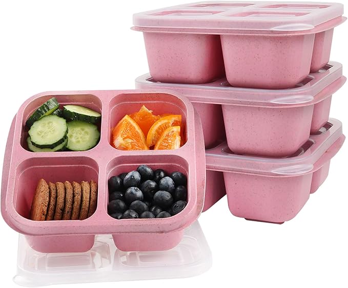 LCHLZZ 4 Compartment Snack Containers with Lids, 4 Pack Reusable Bento Box Adults, Divided Meal Prep Lunch Containers, Microwave & Dishwasher Safe, Food Storage for Work Travel Picnic, Pink