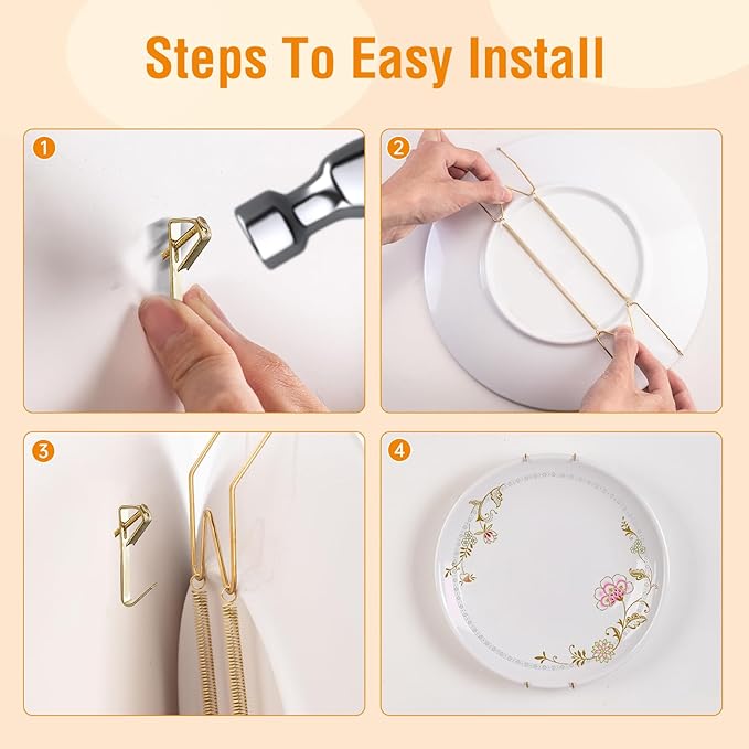 Bilillo 6 Pieces Invisible Heavy Duty Plate Holder, Stainless Steel Plate Hangers for The Wall, Plate Hangers for Display with Wall Hooks, Suitable for 6-8 inch Decorative Plattes and Arts (Gold)